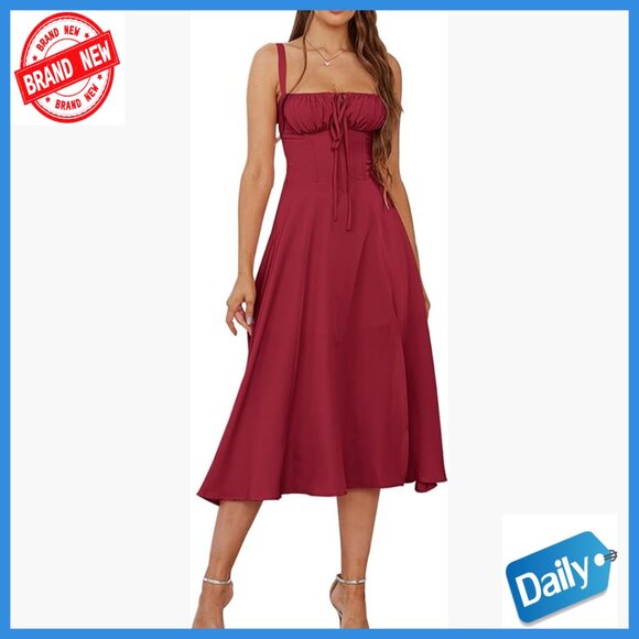 Floral Midi Corset Dress Lace Up Back Slit A-Line Casual Wedding Guest